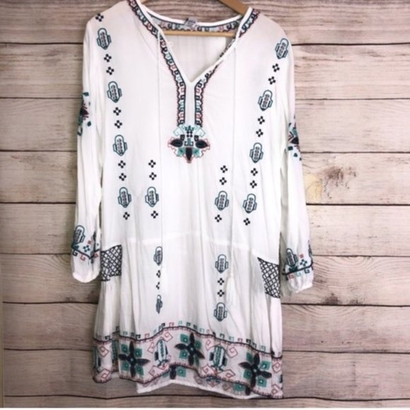 White Bohemian Embroidered Tunic Dress S - Picture 3 of 6